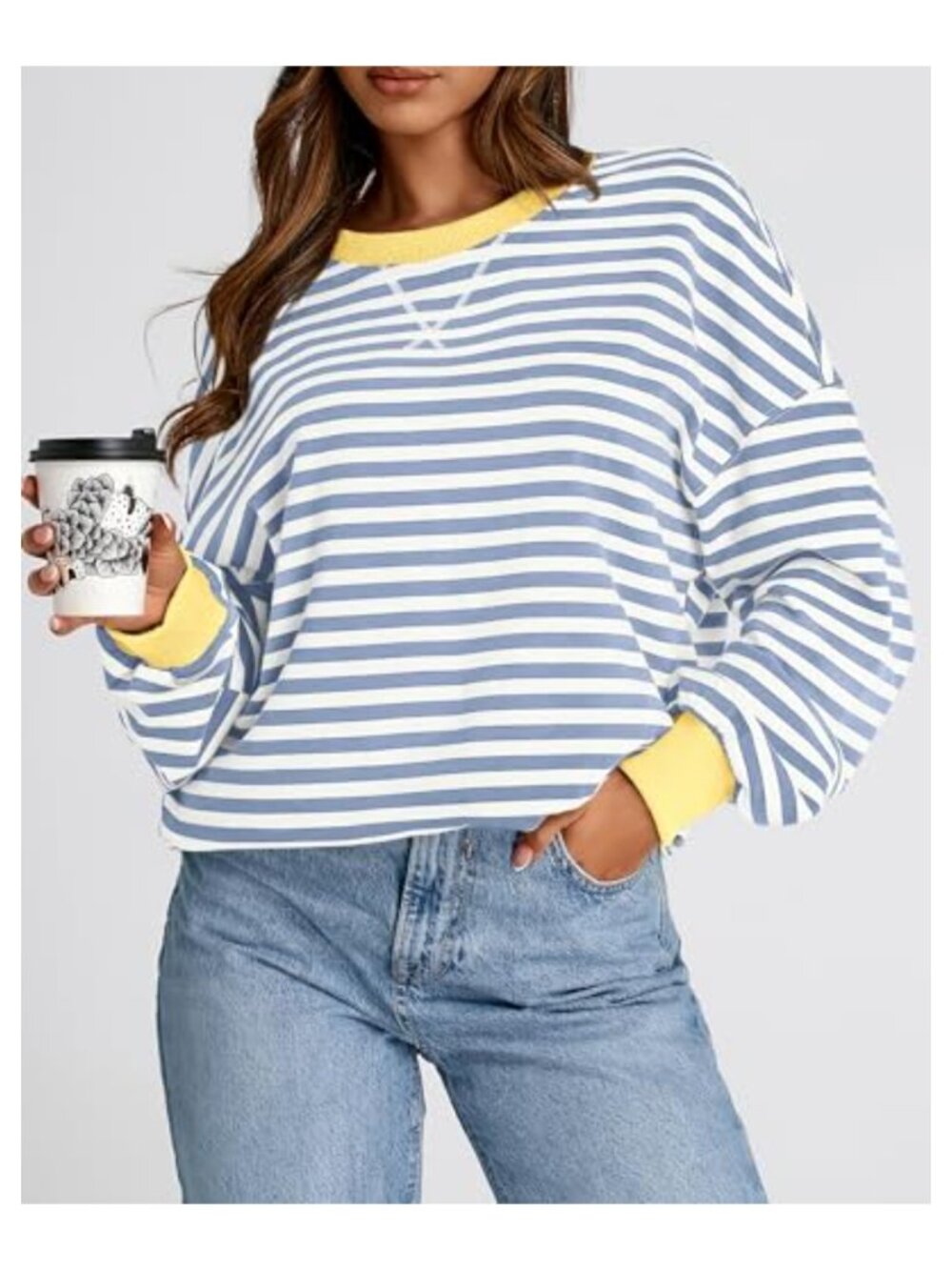 Oversized Striped Crewneck Sweatshirt Long Sleeve Loose Fit Casual Pullover - Picture 5 of 6